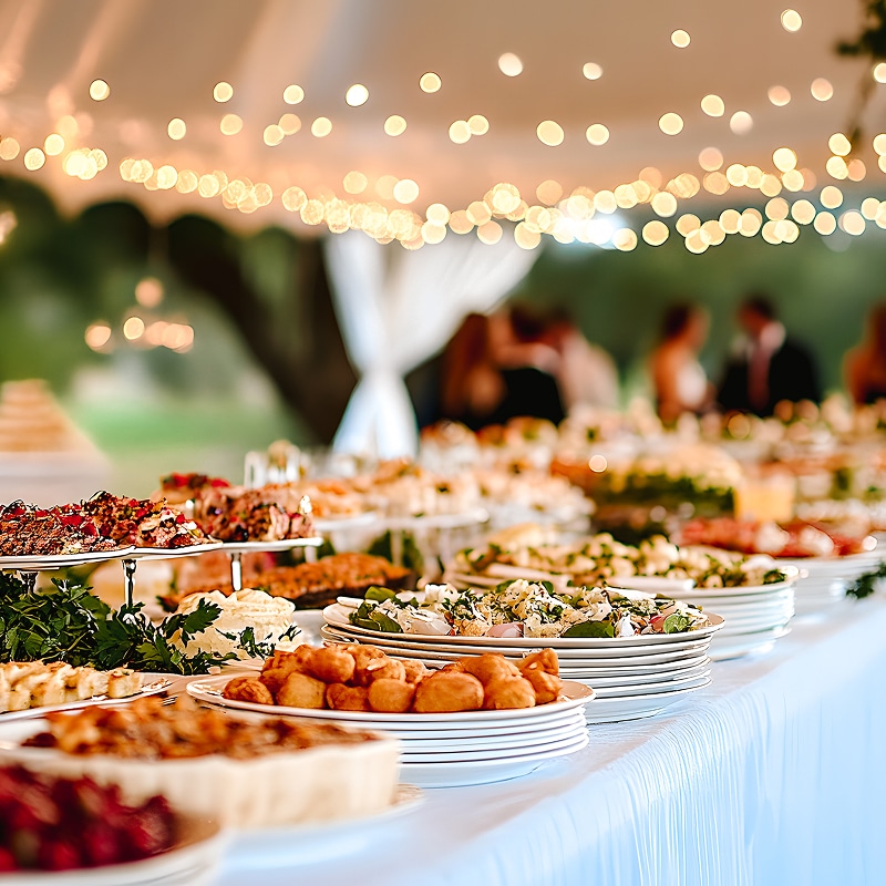 Buffet de réception de mariage sous une tente, richement garni de plats variés, éclairé par des guirlandes lumineuses chaleureuses.