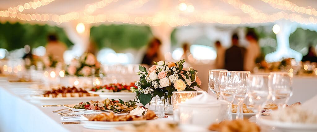 Décoration de table élégante pour réception de mariage. Élégante table de banquet de mariage. Centre de roses pâles, mets délicats, verrerie raffinée, et guirlandes lumineuses chaleureuses.
